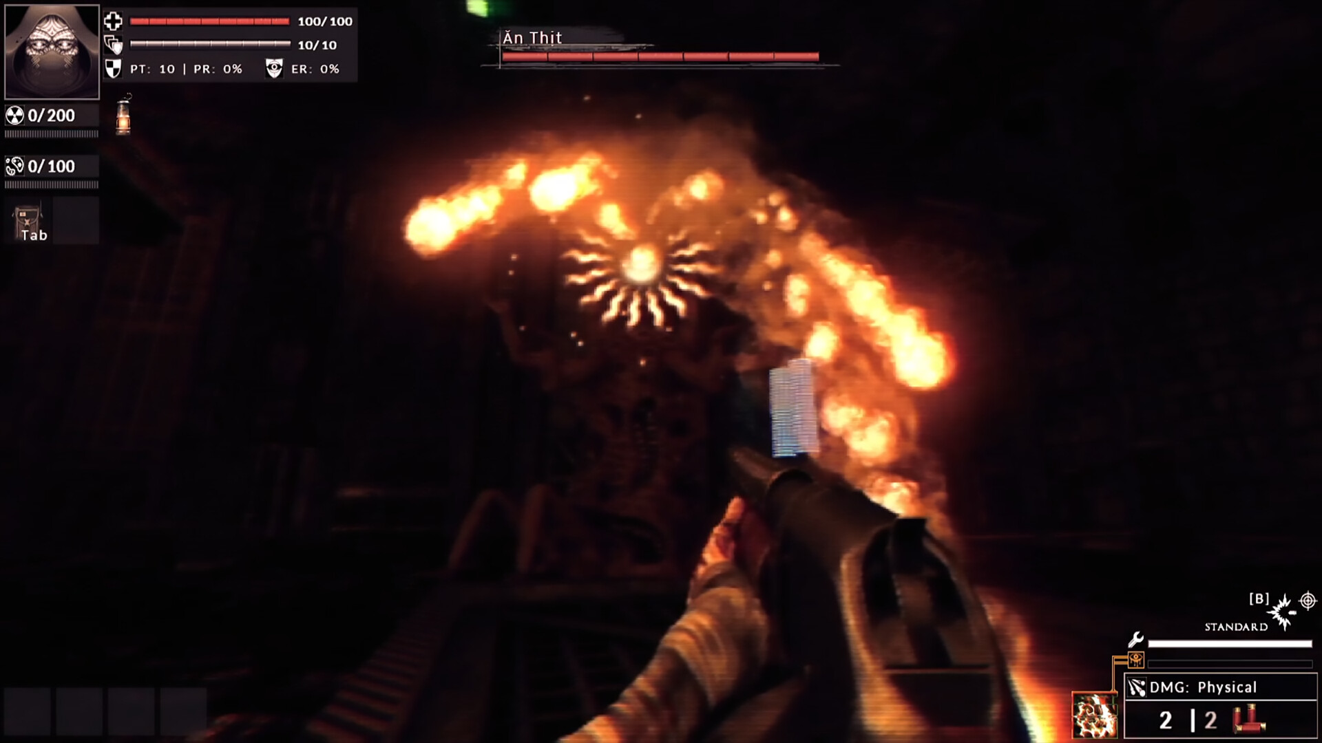 Divine Frequency screenshot: a shotgun blast against a flaming boss.